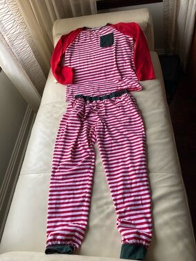 Women's Red & White Striped Pajama Set with Green Accents, Xmas pajamas XL or L